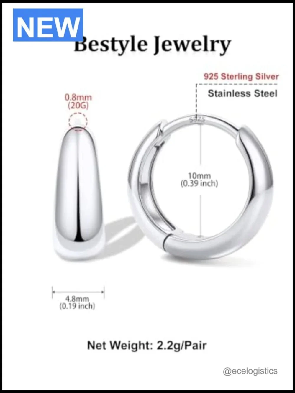Huggie Hoop Earrings 8/10/12/14mm Sterling Silver Hypoallergenic Lightweight
